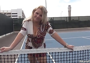 Sweltering mama squirts her vagina hooch unaffected by tennis yard