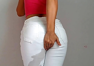White jeans and thong wetting